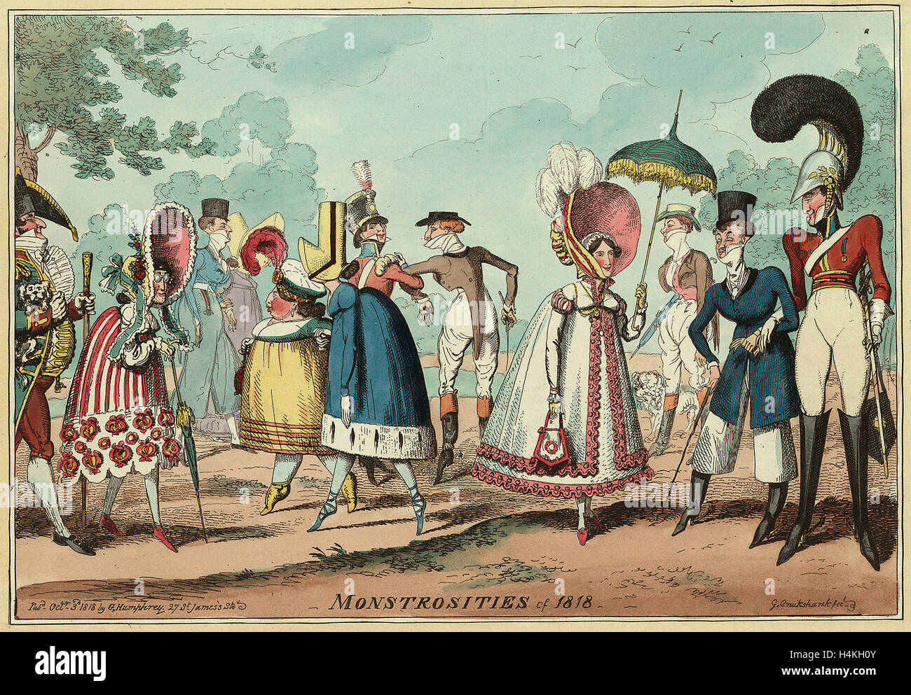 Mostruosità di 1818, incisione 1818, inusuali stili di abbigliamento di moda maschile quanto femminile, in particolare abiti e cappelli Foto Stock