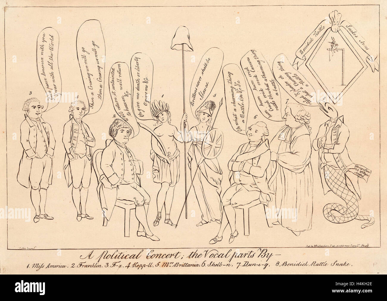Un concerto politico; le parti vocali da 1. Miss America, 2. Franklin, 3. F--x, 4. Kepp--ll, 5. La sig.ra Britania Foto Stock