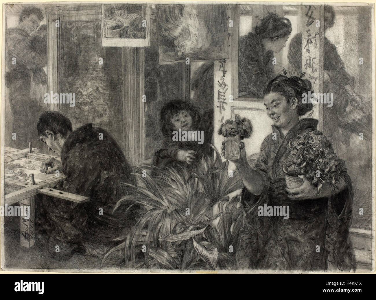 Adolph Menzel (tedesco, 1815 - 1905), artista giapponese sul lavoro, 1886, grafite su cartone Foto Stock