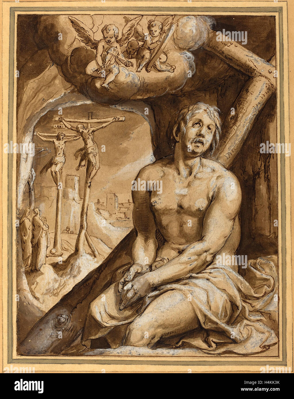 Karel van Mander I (Netherlandish, 1548 - 1606), il buon ladrone, penna e inchiostro marrone con marrone e arancione?) lavare Foto Stock