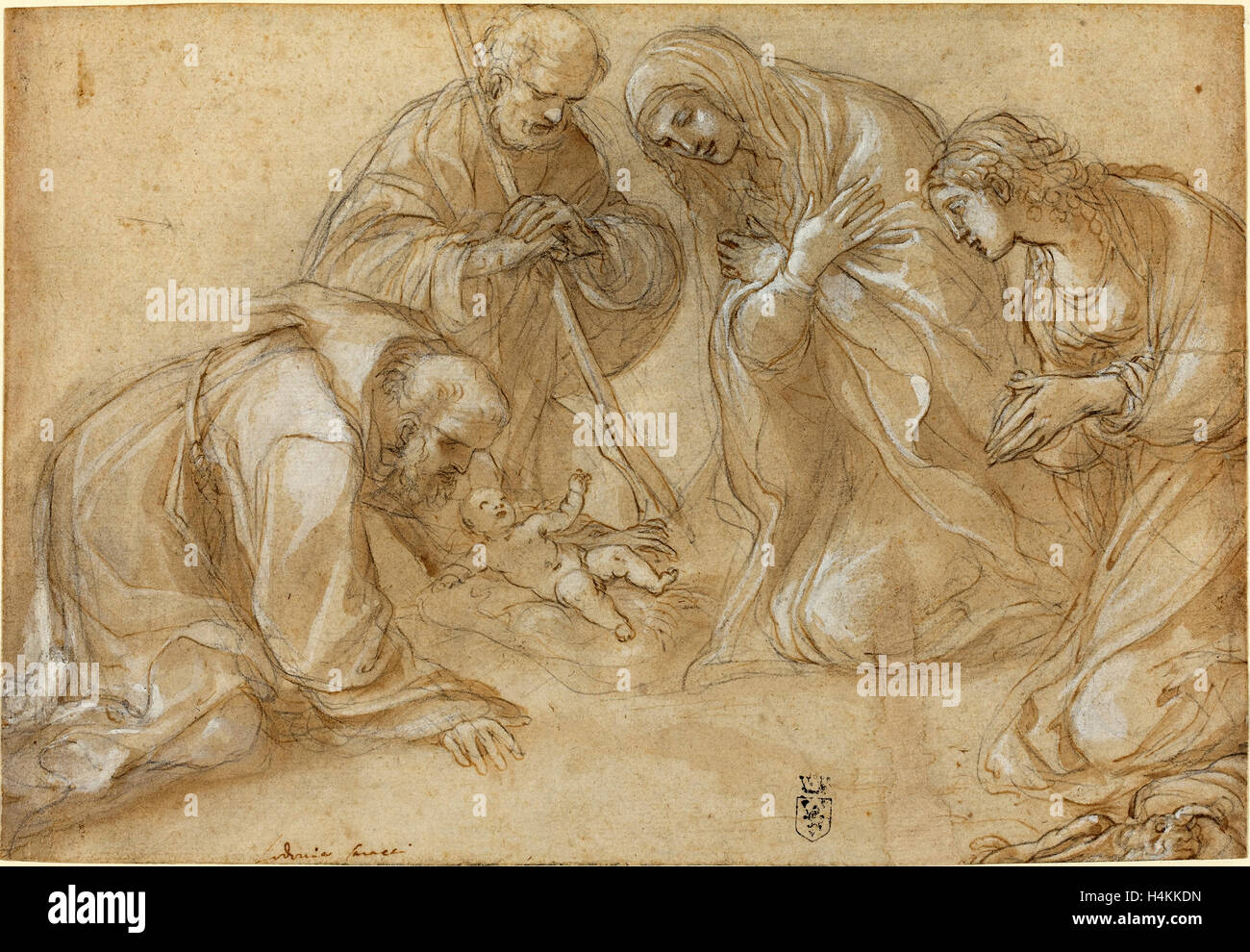 Lodovico Carracci (italiano, 1555 - 1619), la Natività con i Santi Francesco e Agnese, c. 1605, a penna e inchiostro bruno e lavaggio marrone Foto Stock