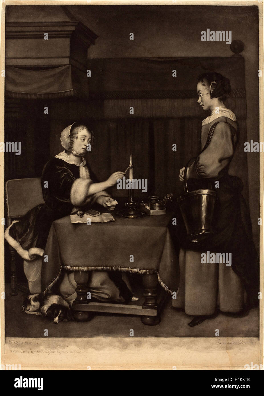 James Watson dopo Gabriel Metsu (British, 1719 - 1804), la femmina corrispondente, 1771, mezzatinta su cui la carta Foto Stock