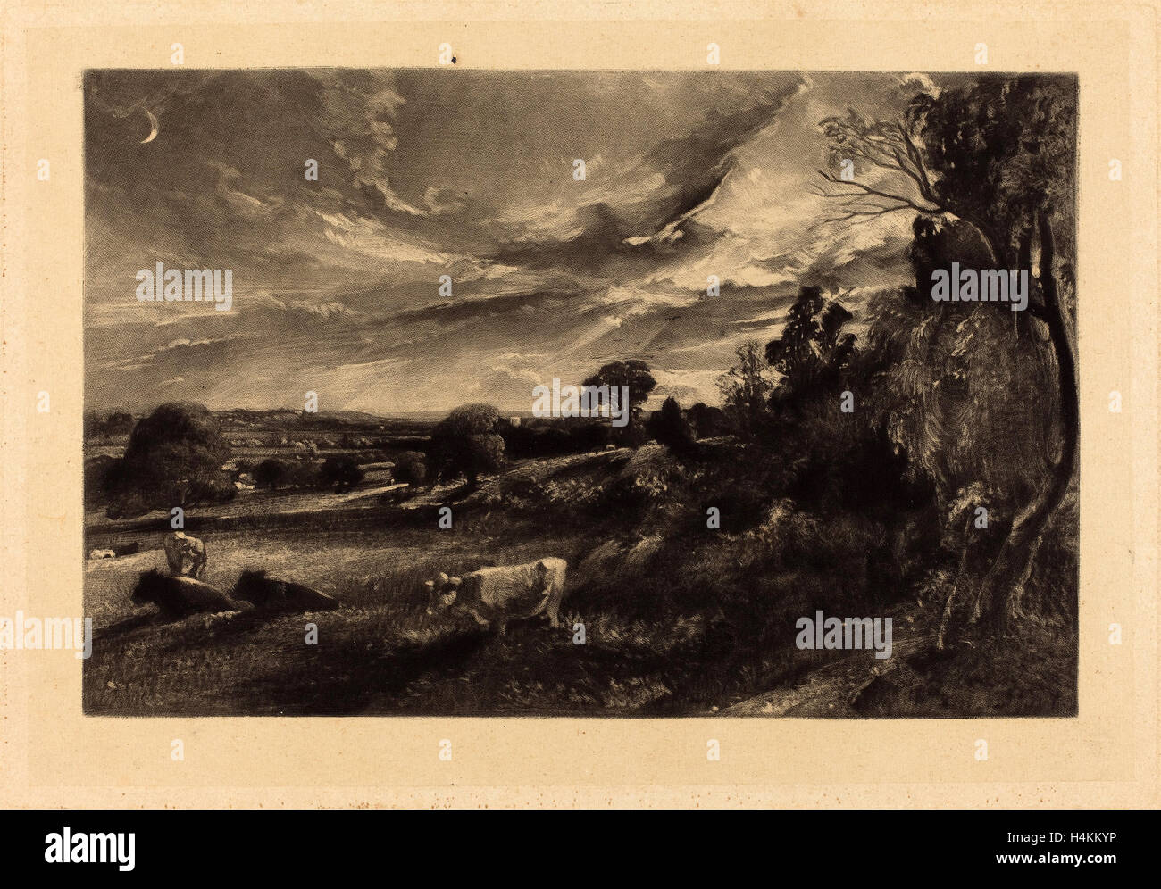 David Lucas dopo John Constable (British, 1802 - 1881), serata estiva, nel o dopo il 1829, mezzatinta [corso prova] Foto Stock