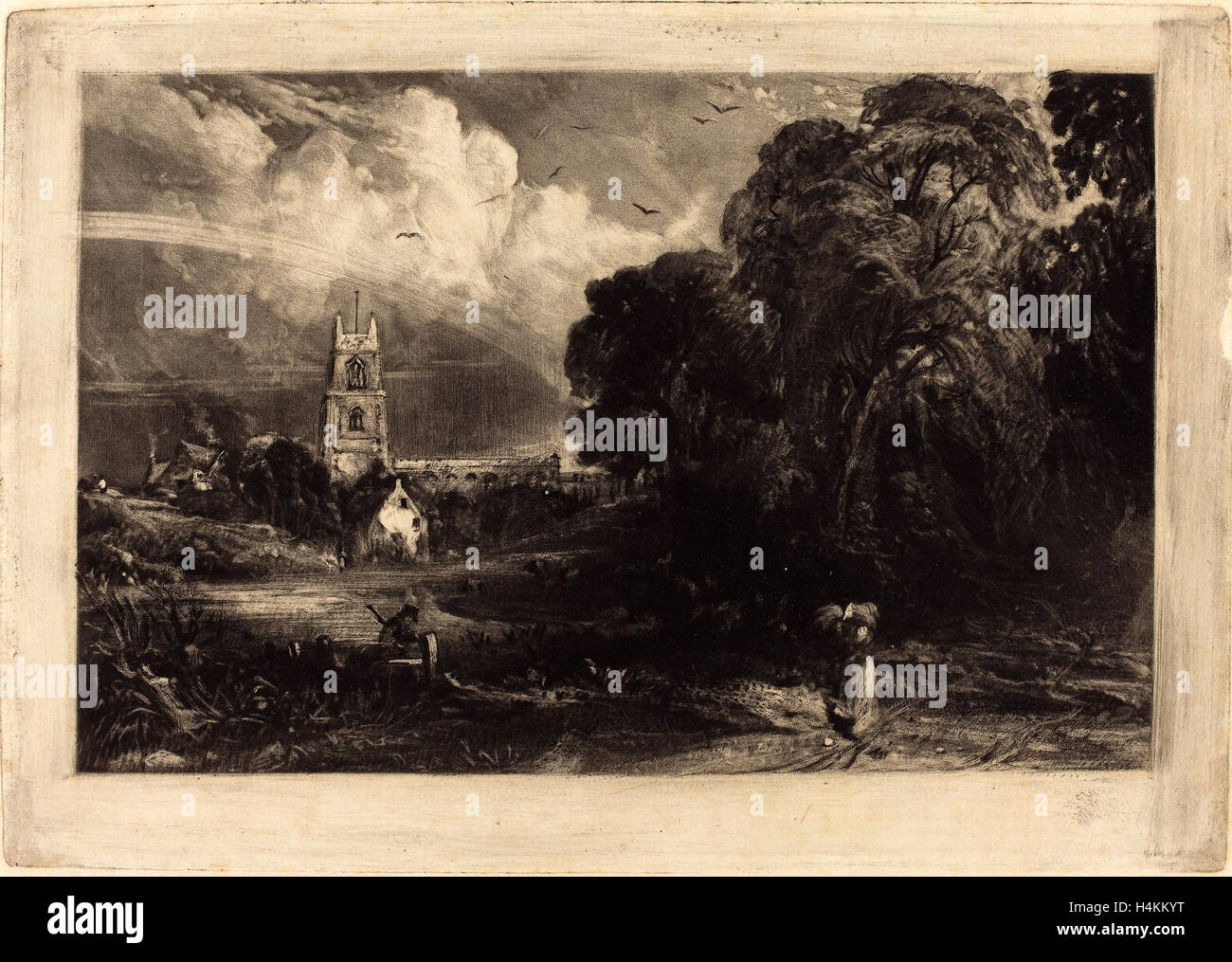 David Lucas dopo John Constable (British, 1802 - 1881), Stoke-da-Neyland, 1830, mezzatinta su carta vergata [prova] Foto Stock