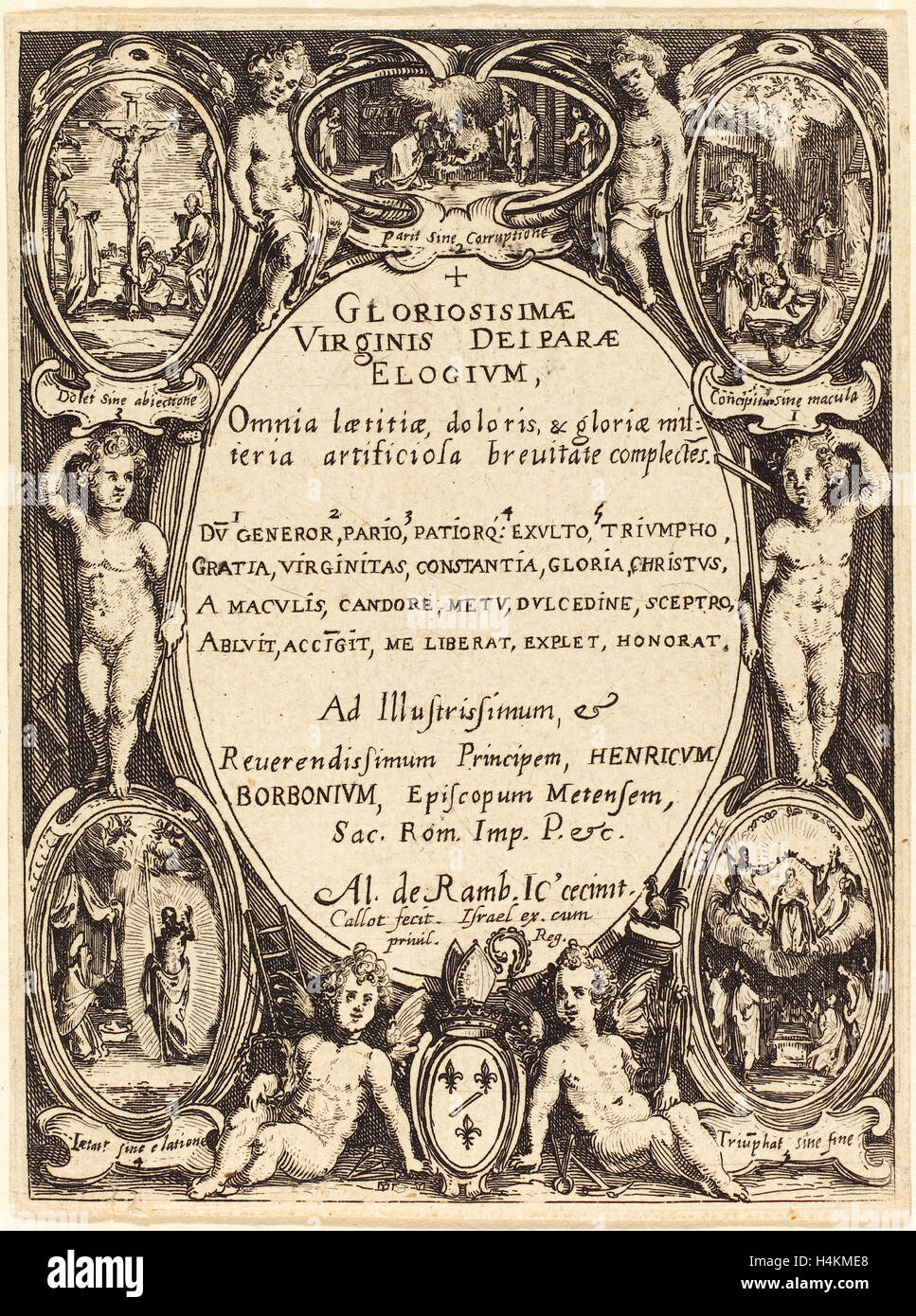 Jacques Callot (francese, 1592 - 1635), frontespizio per 'Gloriosissimae', di attacco Foto Stock