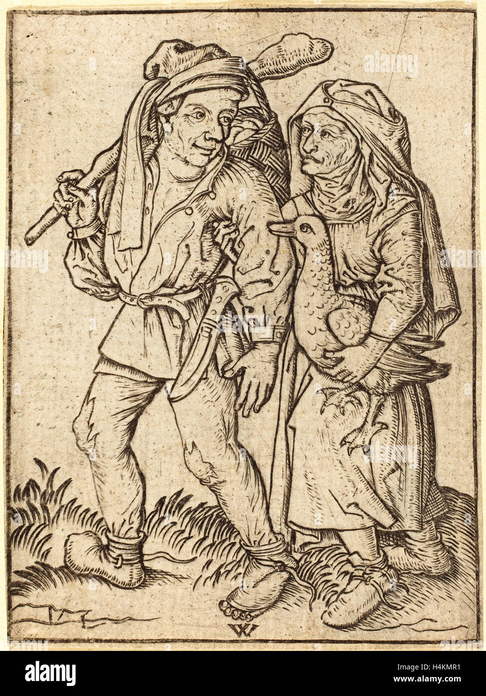 Wenzel von Olmutz dopo il Master del Housebook (tedesco, active 1481-1497), il contadino e la moglie con oca, c. 1490, incisione Foto Stock
