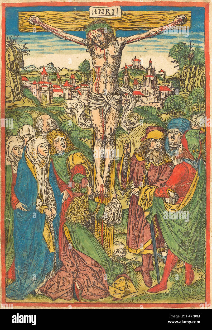 Attribuito a Michael Wolgemut (tedesco, 1434 - 1519), la Crocifissione con Santa Maria Maddalena, c. 1490, colorate a mano la xilografia Foto Stock