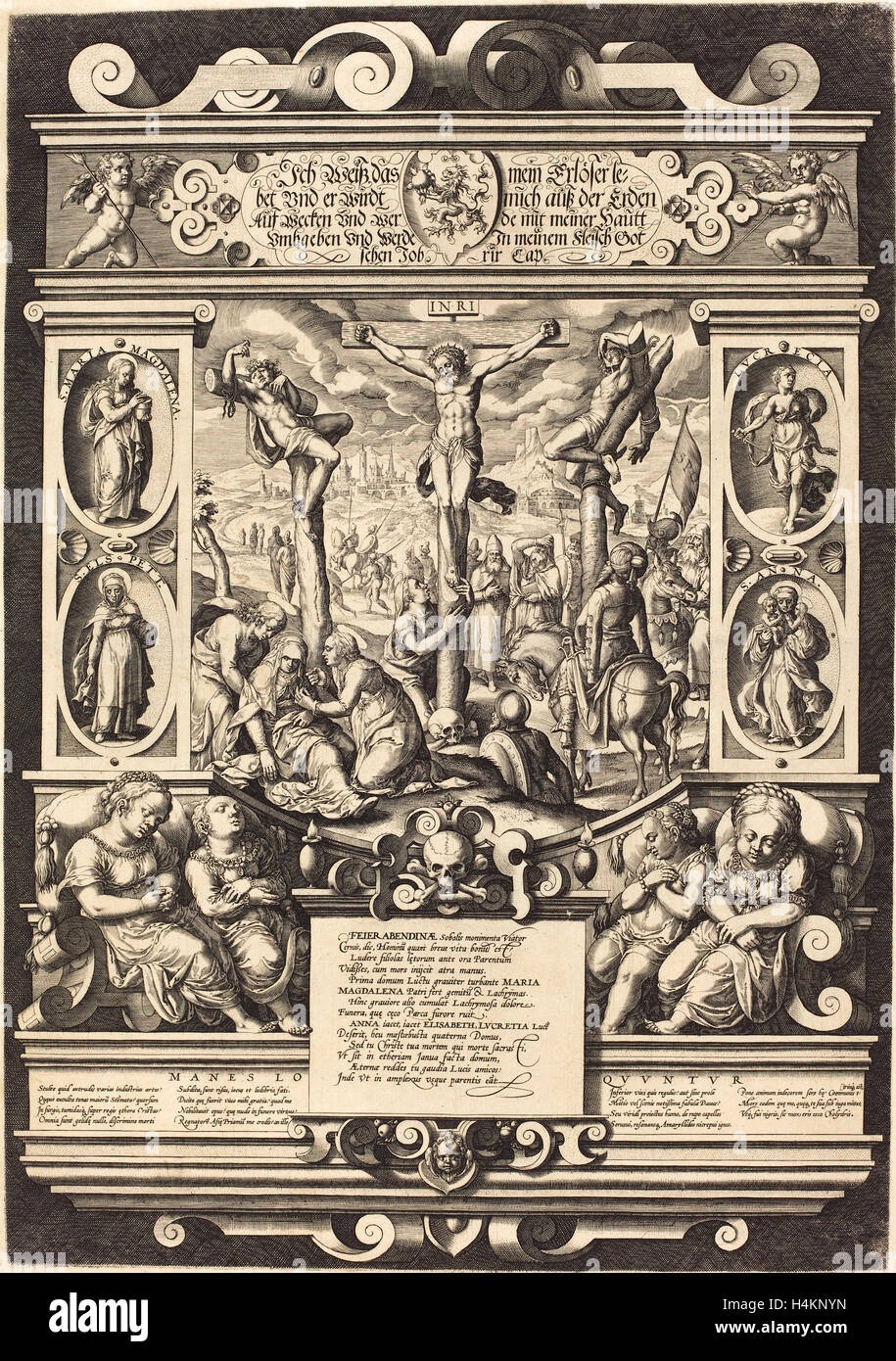 Il tedesco del XVI secolo, monumento funebre per le Figlie di Feuerabend, XVI secolo, incisione su due fogli uniti Foto Stock