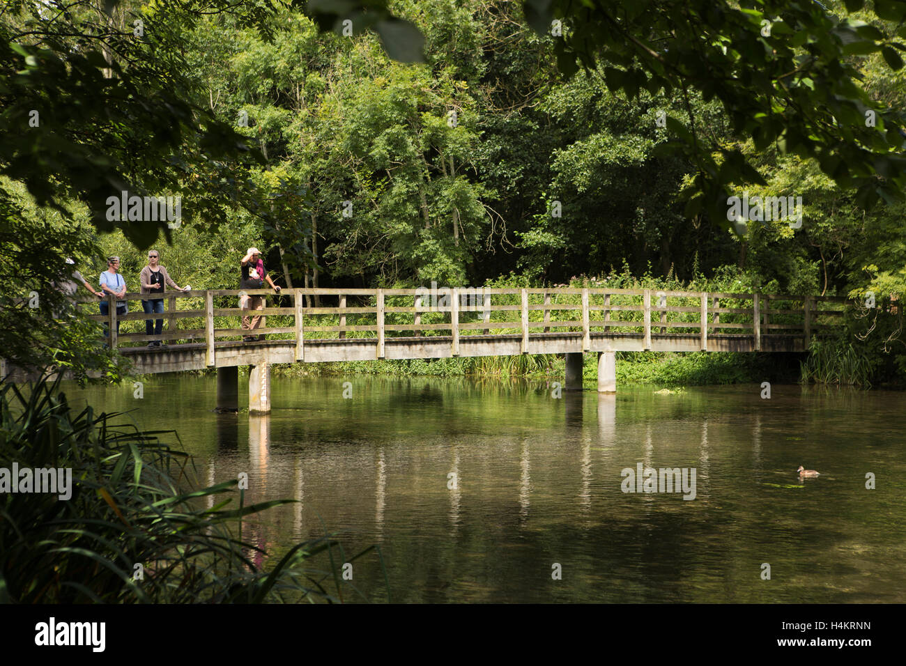 Inghilterra, Wiltshire, Chilton Foliat, persone sulla passerella sul fiume Kennet Foto Stock