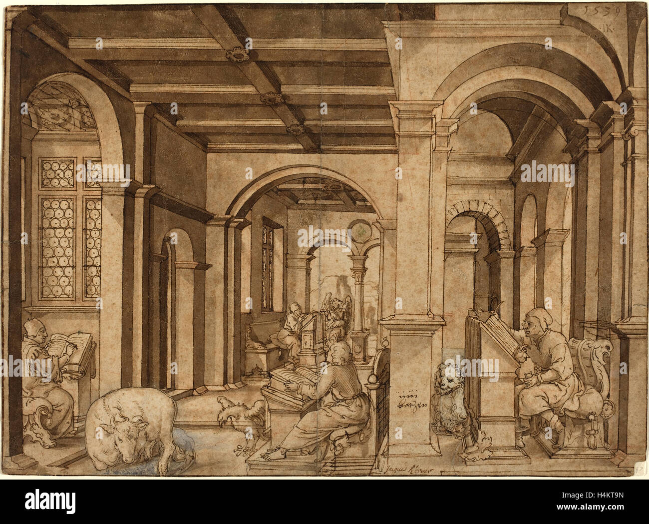 Master I.K., tedesco (attivo secondo quarto del XVI secolo), Quattro Evangelisti in un Scriptorium, 1539, a penna e inchiostro bruno Foto Stock