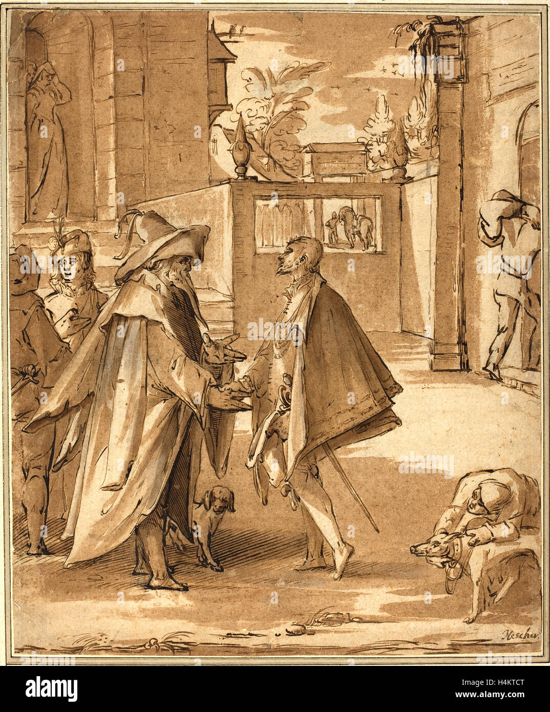 Karel van Mander I (Netherlandish, 1548-1606), la partenza del figlio prodigo, penna e inchiostro bruno marrone con il lavaggio Foto Stock