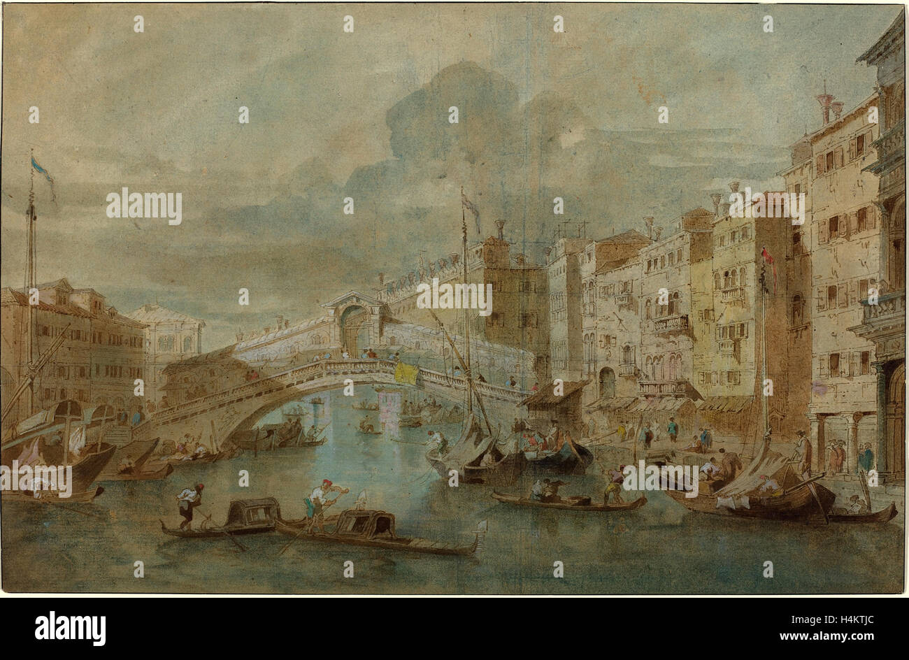 Attribuito a Francesco Guardi, italiano (1712-1793), la vista del Ponte di Rialto, Venezia, penna e inchiostro bruno marrone con il lavaggio Foto Stock