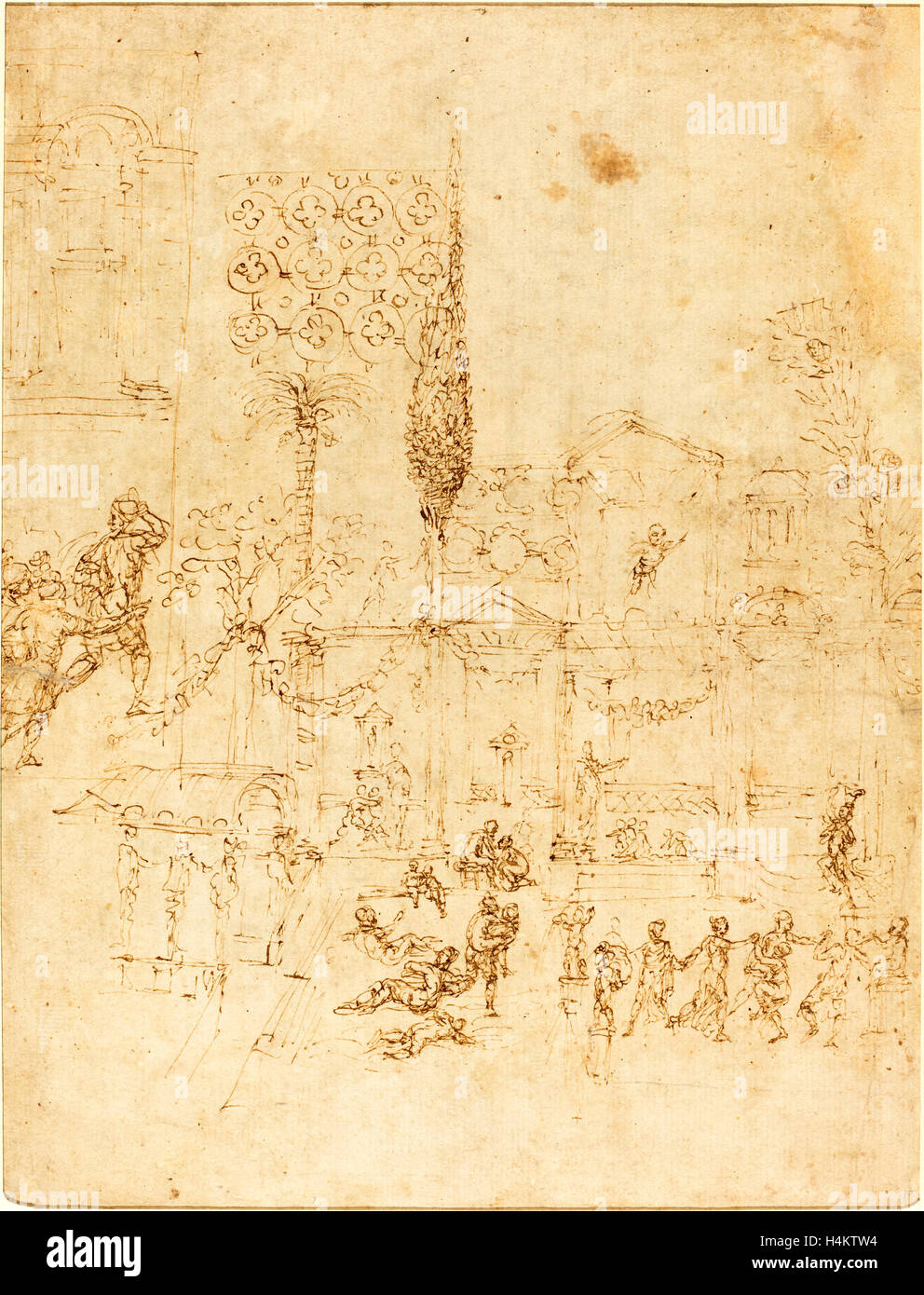 Pirro Ligorio, italiano (c. 1513-1583), una festa in una Villa Romana [recto], penna e inchiostro bruno su carta vergata Foto Stock