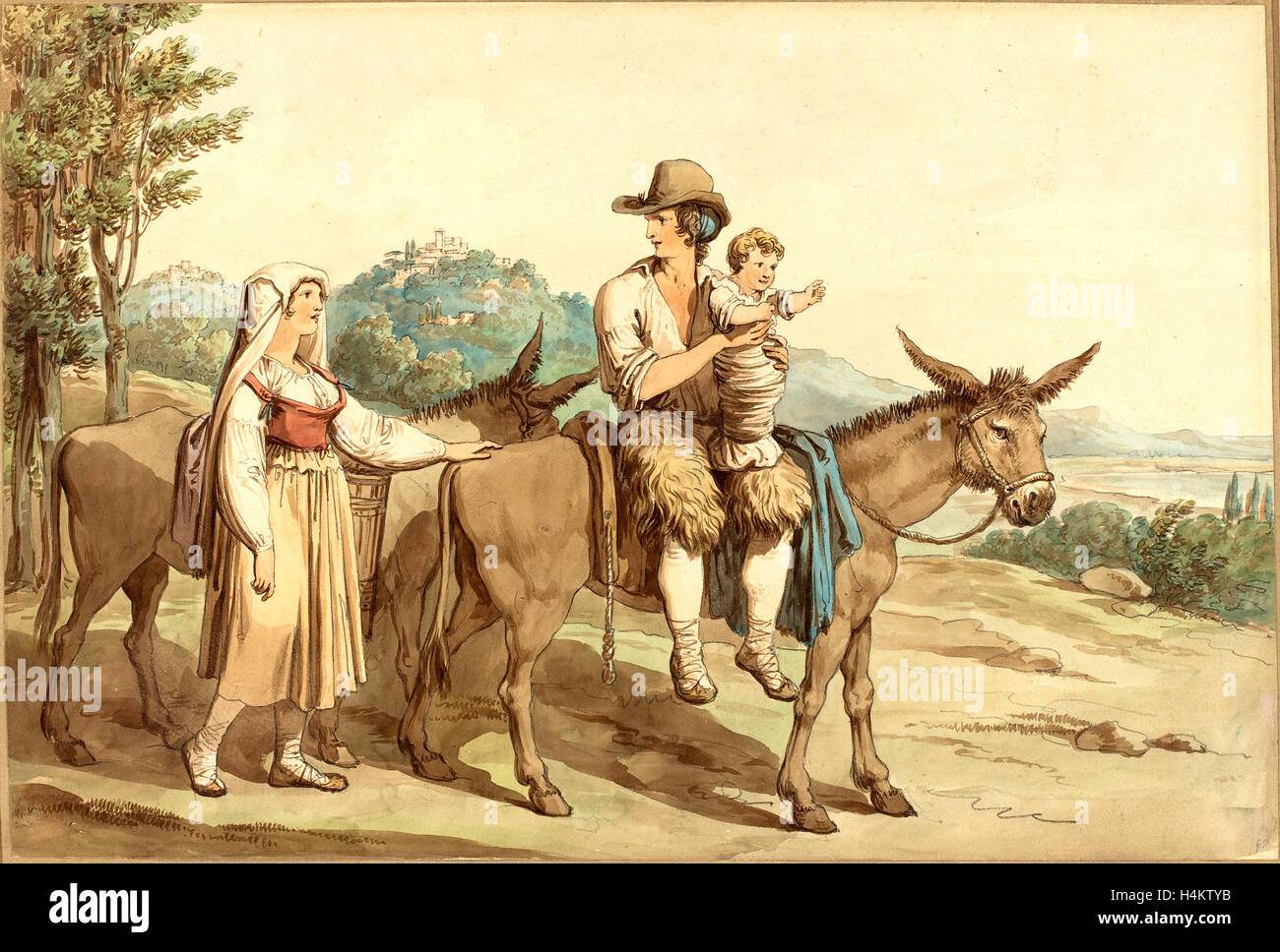 Bartolomeo Pinelli, italiano (1781-1835), una famiglia di contadini con le loro asino, acquerello su Grafite su carta intessuta Foto Stock