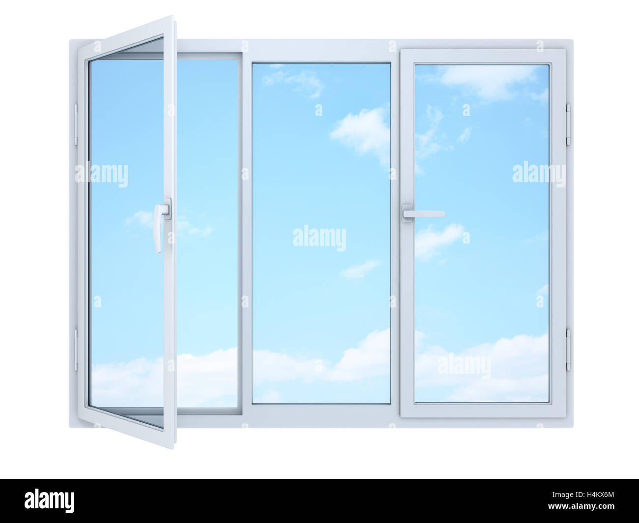 Aprire la finestra con vista del cielo (fatto in 3D rendering) Foto Stock