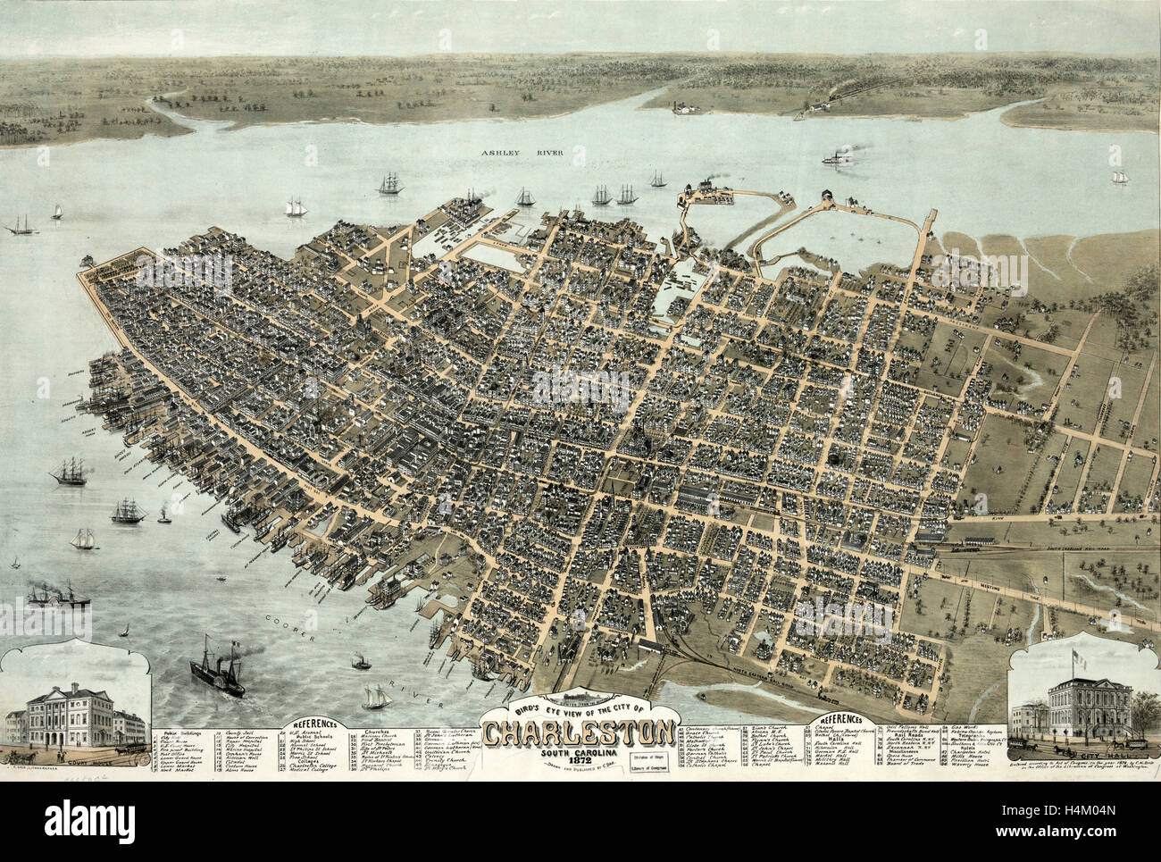 Vista panoramica della città di Charleston nella Carolina del Sud, circa 1872, noi, Stati Uniti d'America, America Foto Stock