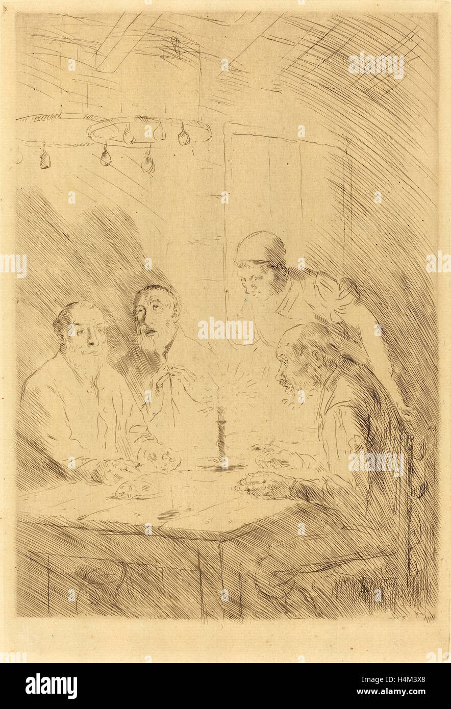 Alphonse Legros, cena dei poveri (Le souper chez misere), francese, 1837 - 1911, incisione e puntasecca su carta verde Foto Stock