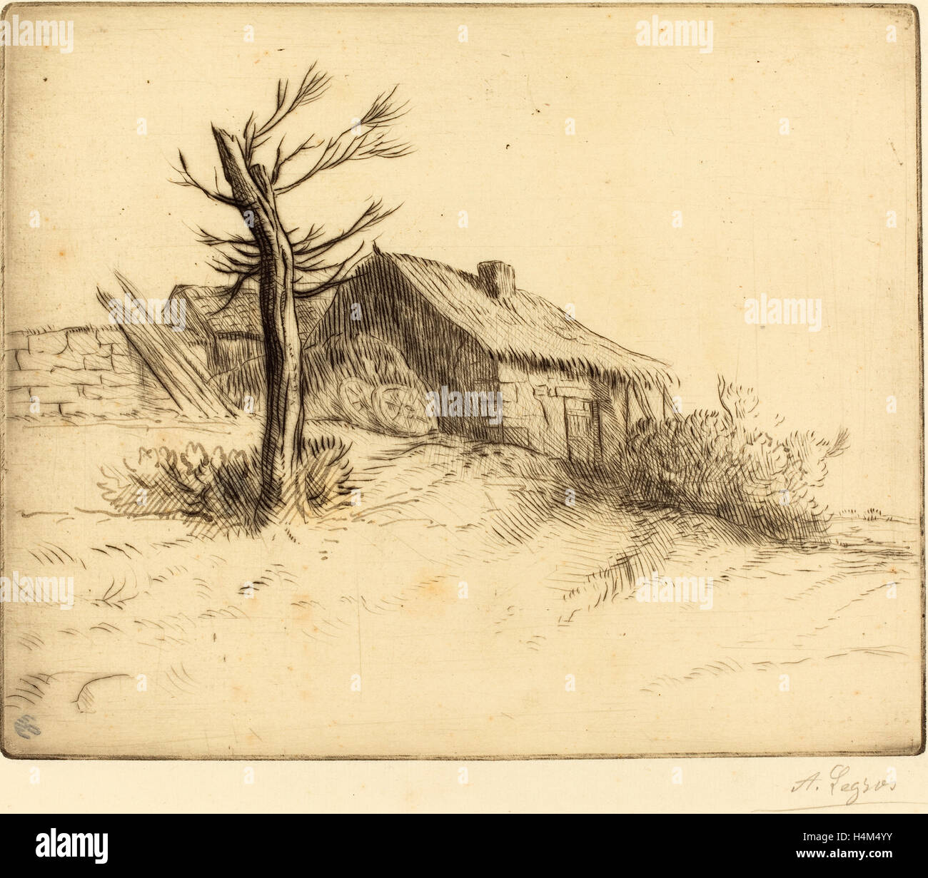 Alphonse Legros, cottage con il tetto di paglia (Chaumiere), francese, 1837 - 1911, incisione e puntasecca ritoccata con inchiostro Foto Stock
