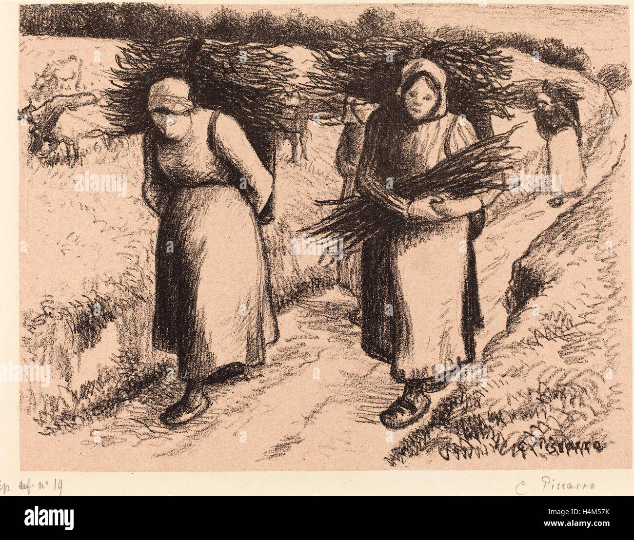 Camille Pissarro (francese, 1830 - 1903), di contadini che trasportano bastoni (Paysannes portant des fagots), 1896, litografia Foto Stock