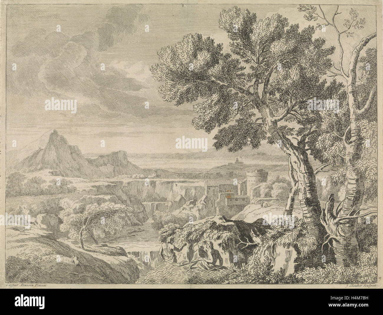 Paesaggio con canyon e cascata, stampa maker: Johannes Glauber, Gaspard Dughet, 1656 - 1726 Foto Stock