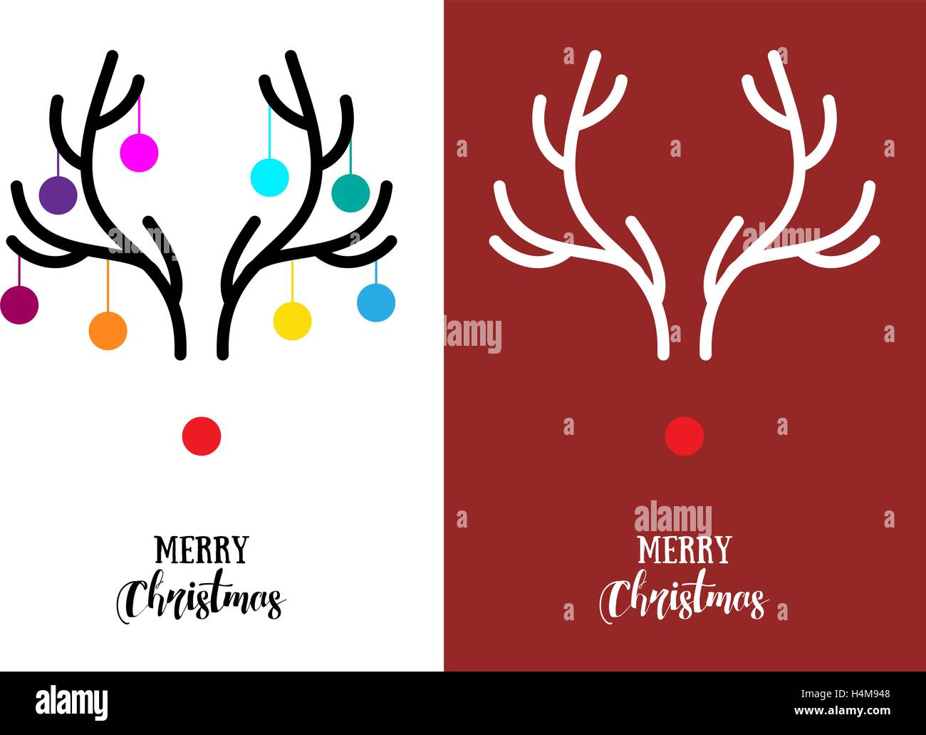 Semplice, moderno Carte di Natale con il naso rosso la renna Rudolph e palchi, illustrazione vettoriale Illustrazione Vettoriale