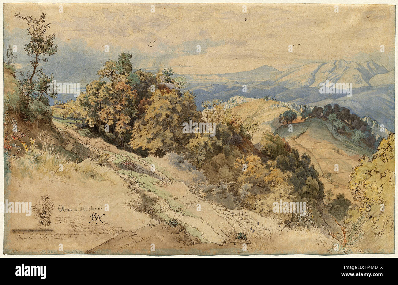 Carl Wilhelm Müller (tedesco, 1839 - 1904), il sole e la pioggia della Serpentara vicino a Olevano, 1869, penna e marrone e inchiostro grigio Foto Stock