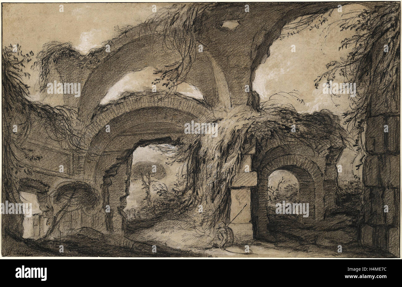 Charles Michel-Ange Challe, gli archi delle Grandi Terme di Villa Adriana, francese, 1718 - 1778, c. 1748, gesso nero Foto Stock