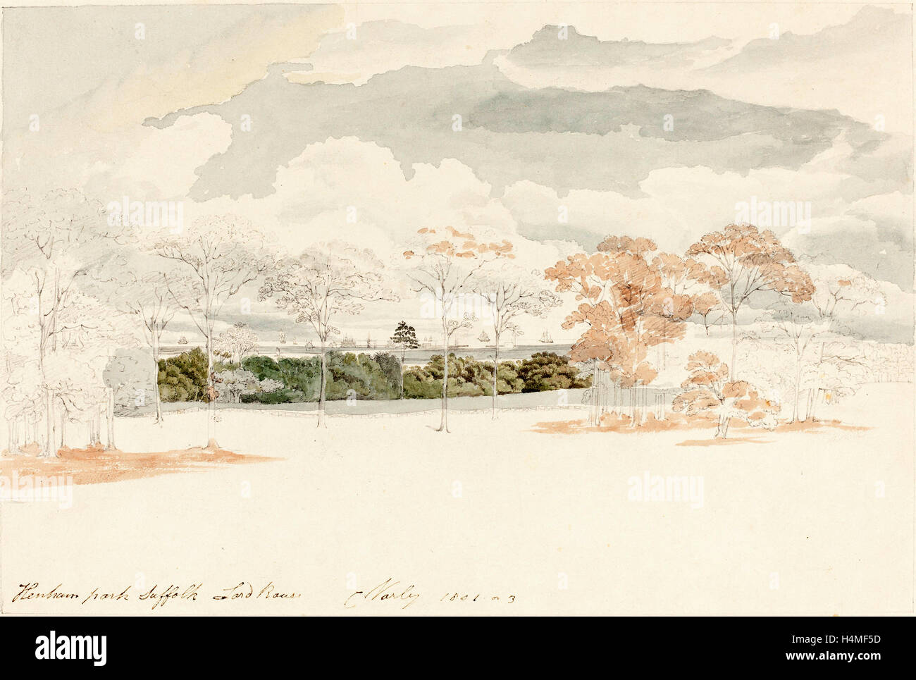 Cornelius Varley (British, 1781 - 1873), Henham Park, Suffolk, 1801-1803, la grafite con acquarello su carta intessuta Foto Stock