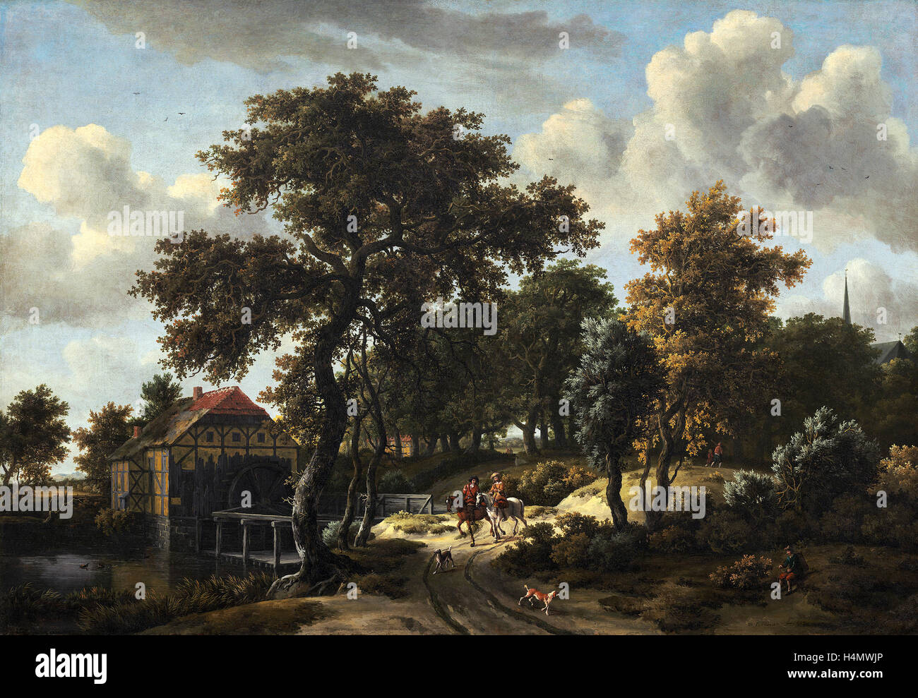 Meindert Hobbema (Olandese, 1638 - 1709), i viaggiatori, olio su tela Foto Stock
