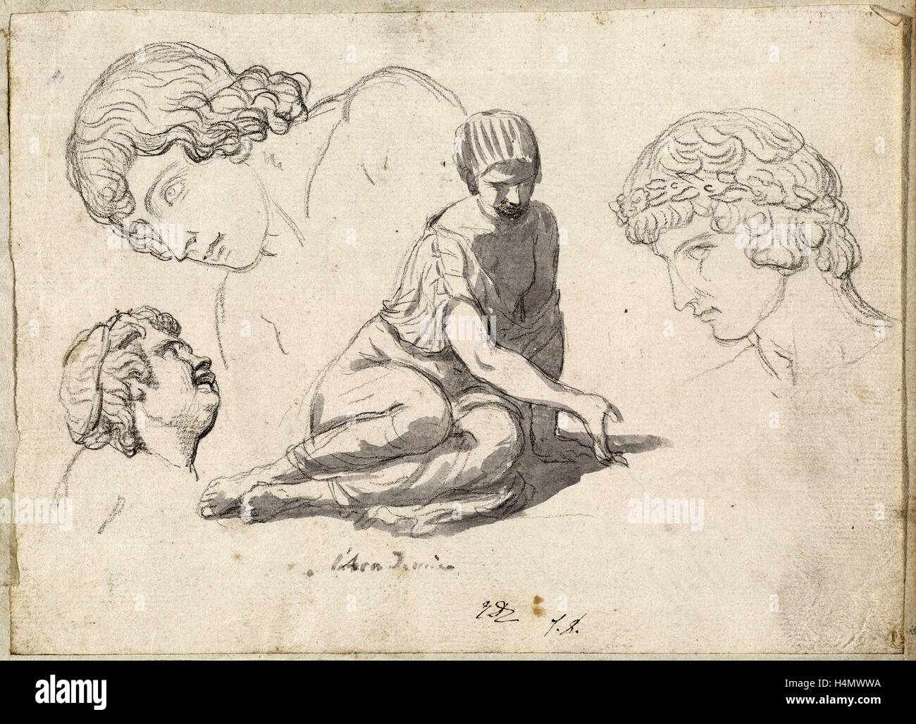 Jacques-Louis David, Dice-Thrower e altri studi dopo sculture antiche, francese, 1748 - 1825, 1775-80, gesso nero Foto Stock