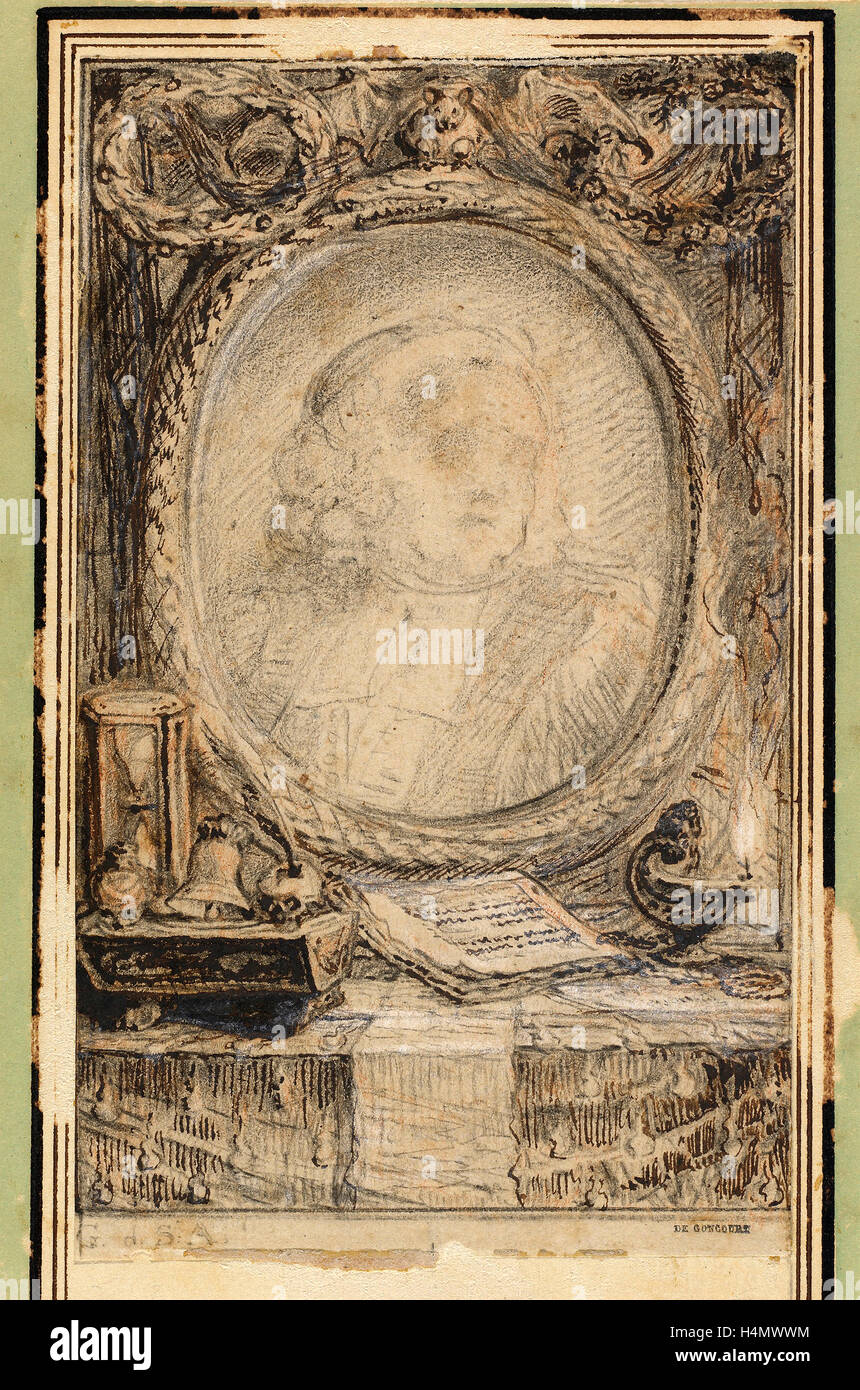 Gabriel Jacques de Saint-Aubin, allegorico Frame con un Bat, francese, 1724 - 1780, c. 1769, la penna e il marrone scuro inchiostro su grafite Foto Stock