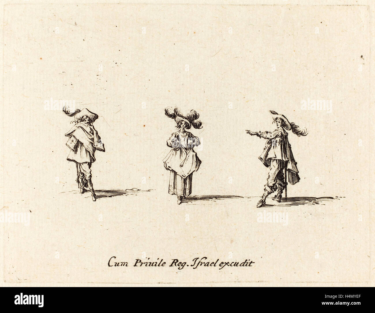 Jacques Callot (francese, 1592 - 1635), signora con pennacchi di grandi dimensioni e due colleghi, probabilmente 1634, attacco Foto Stock