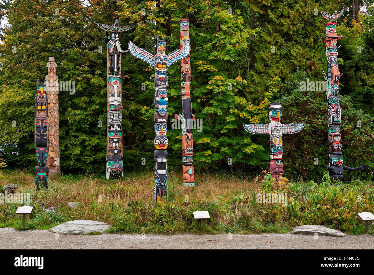 Totem Poles a Stanley Park, Vancouver, British Columbia, Canada Foto Stock
