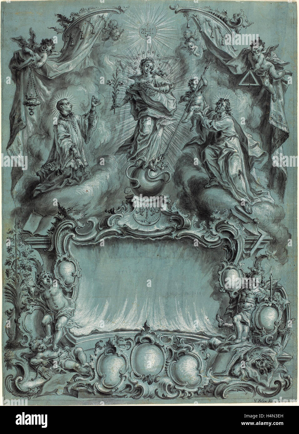 Vitus Felix Rigl (tedesco, c. 1717 - 1779), un elaborato impostazione rococò con la Vergine e il Bambino e i santi sconfiggere il male Foto Stock