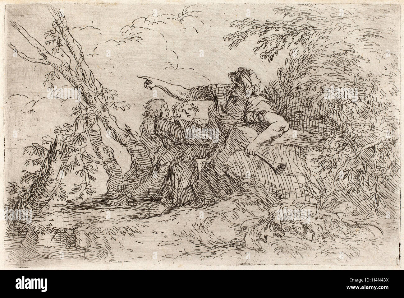 Salvator Rosa (italiano, 1615 - 1673), pastore in un paesaggio, c. 1660-1661, incisione e puntasecca Foto Stock