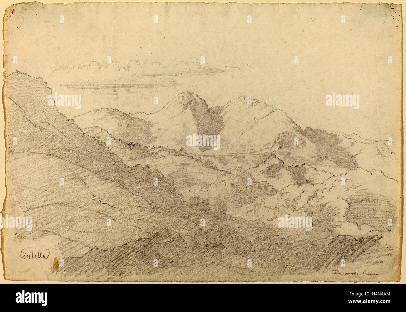 Adrian Ludwig Richter (tedesco, 1803 - 1884), colline della Sabina e Rocca Santo Stefano visto da Civitella, c. 1824, grafite Foto Stock