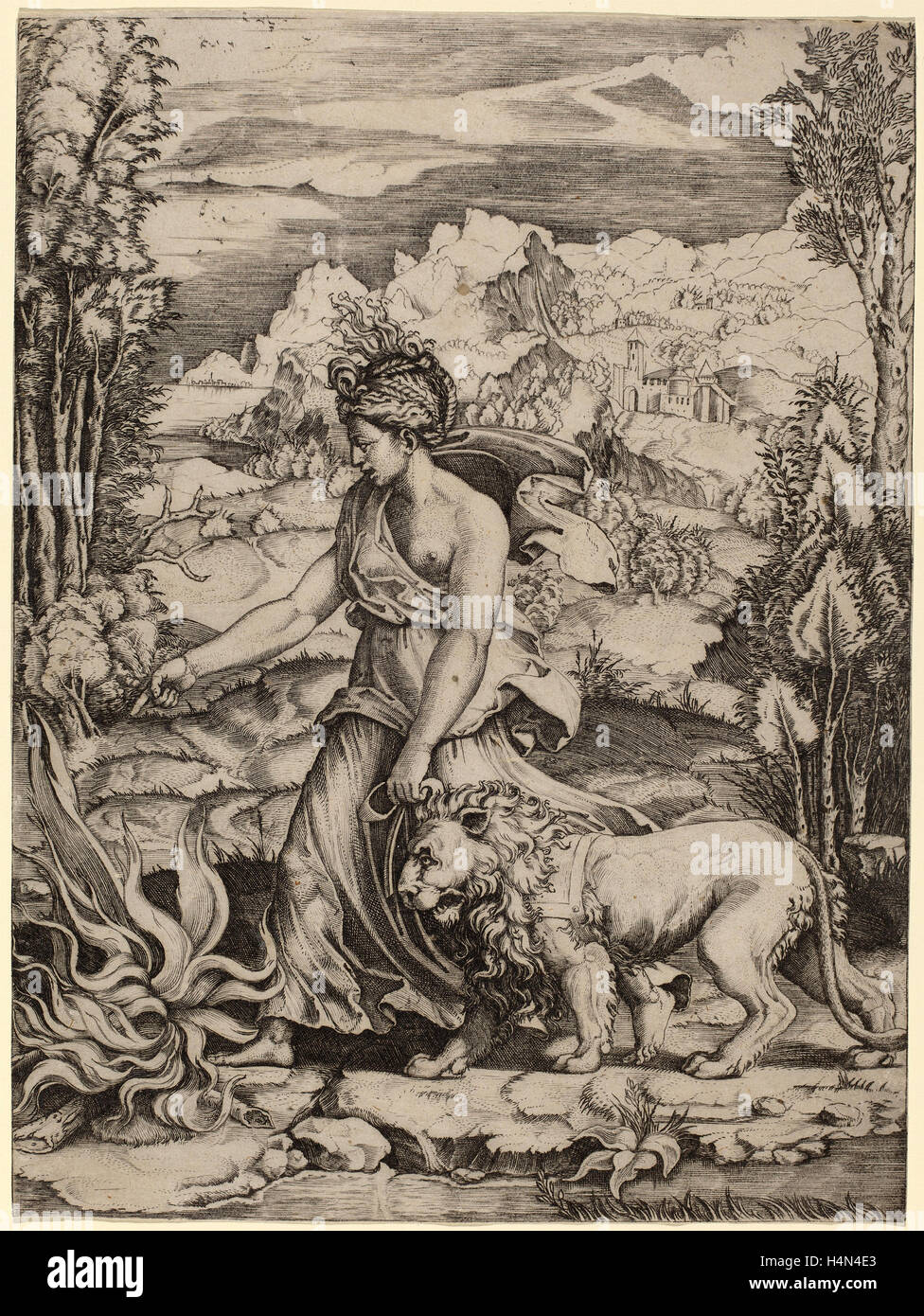 Marco Dente (Italiano, c. 1493 - 1527), la Fortezza, incisione Foto Stock