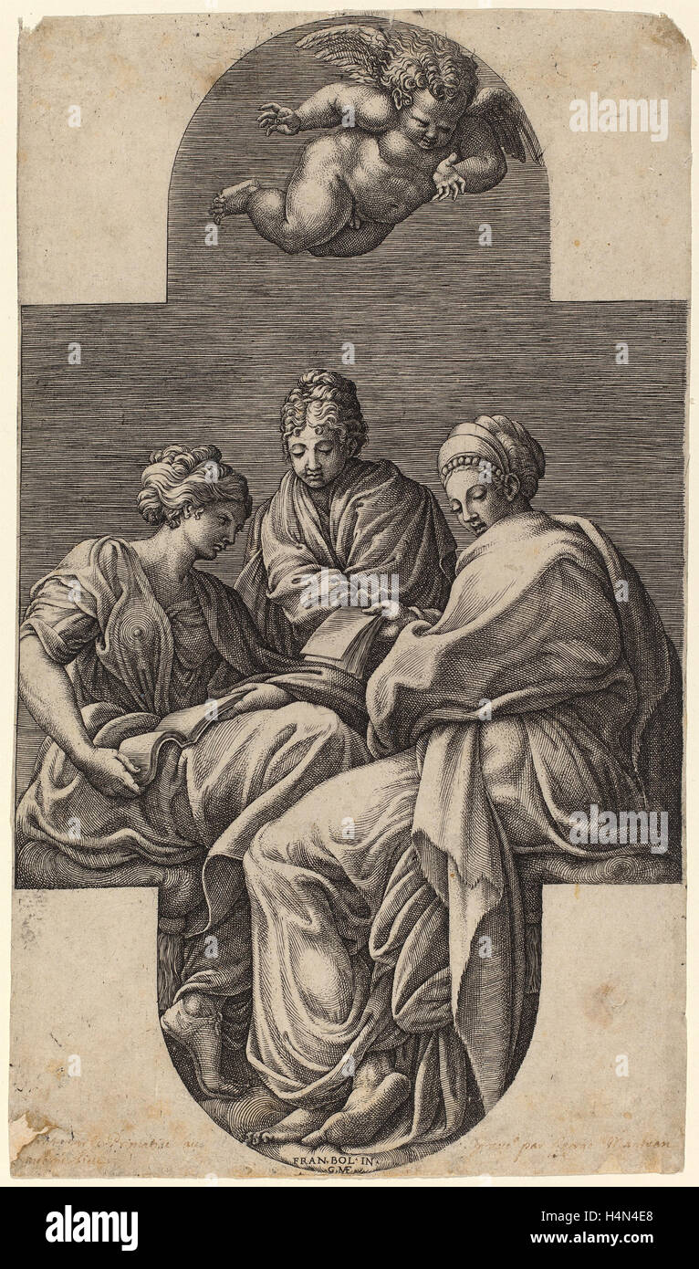 Giorgio Ghisi dopo Francesco Primaticcio (italiano, 1520 - 1582), tre muse e una gestualità Putto, 1560 s, incisione Foto Stock