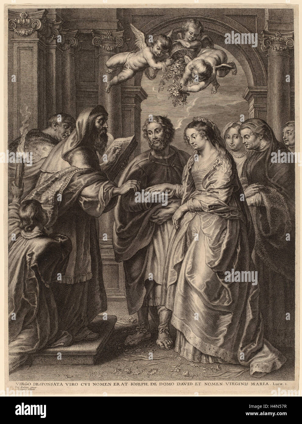 Schelte Adams Bolswert dopo Sir Peter Paul Rubens (fiammingo, 1586 - 1659), il Matrimonio della Vergine, incisione Foto Stock