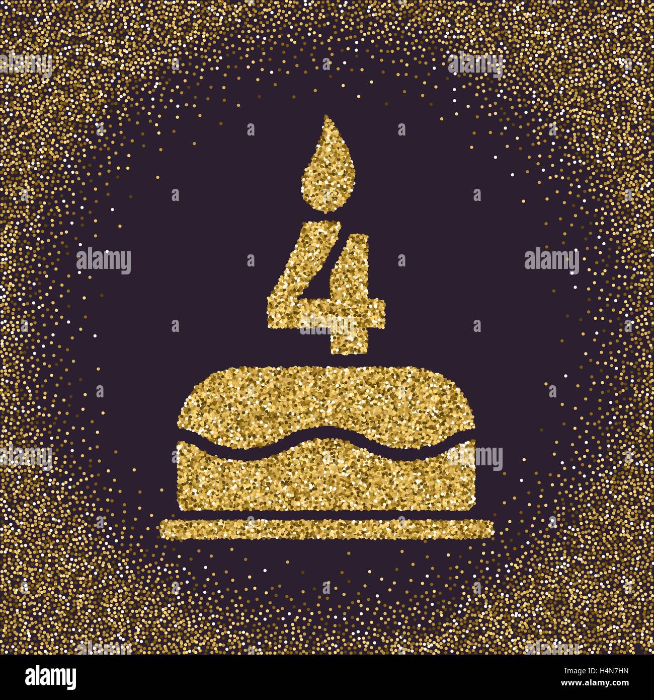 La torta di compleanno con candele in forma di numero 4. Simbolo di compleanno. Oro e brillantini glitter Illustrazione Vettoriale