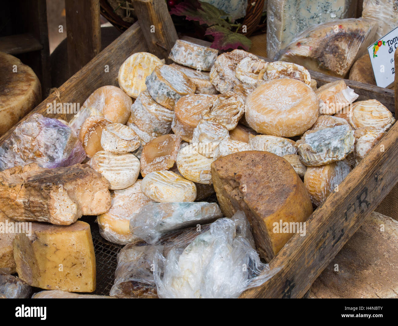 Gruppo di naturale formaggi di montagna con stampo sulla cotenna esposta in una scatola di legno durante una fiera di paese Foto Stock