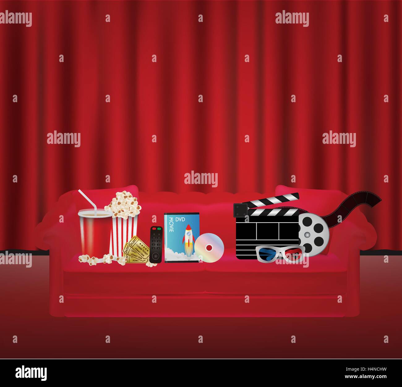 Drink di popcorn remote film DVD box 3d glass film su un divano rosso con tende rosse backgrond Illustrazione Vettoriale
