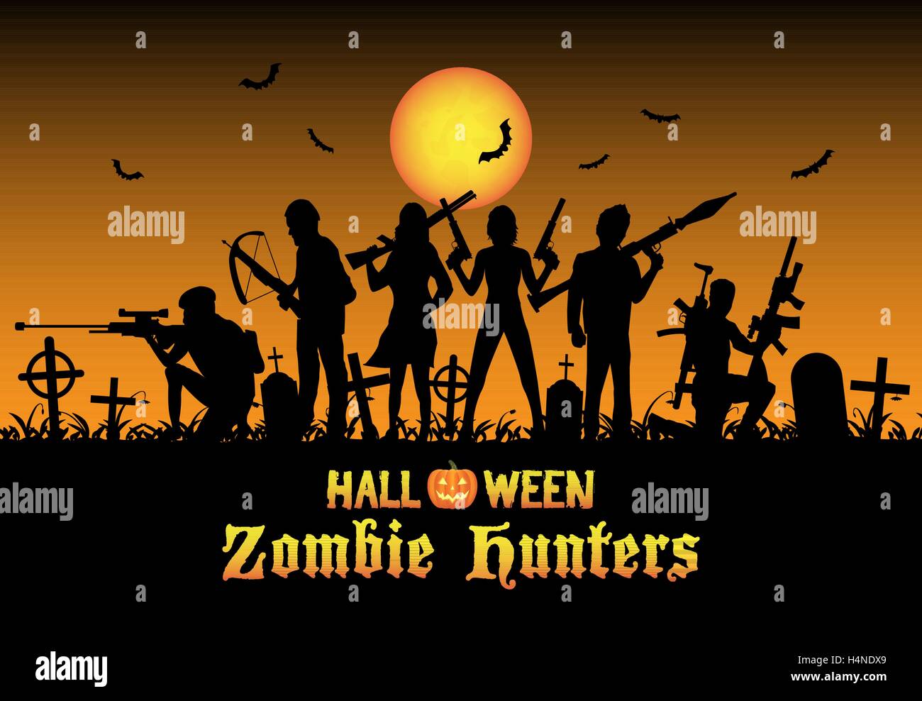 Halloween cacciatori di zombie team al cimitero Illustrazione Vettoriale