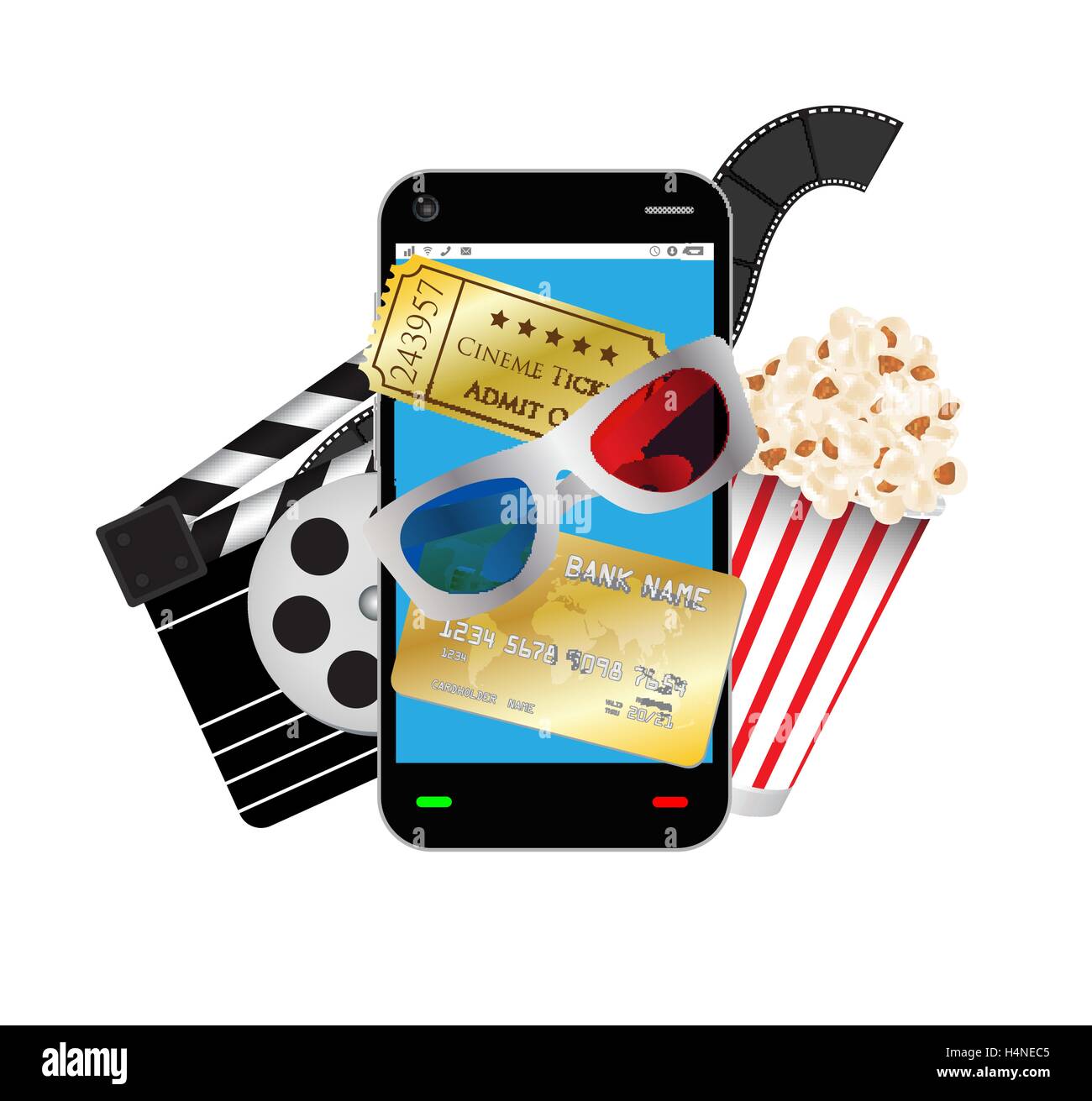 Smartphone con film oggetto occhiali 3d biglietto film popcorn carta di credito Illustrazione Vettoriale