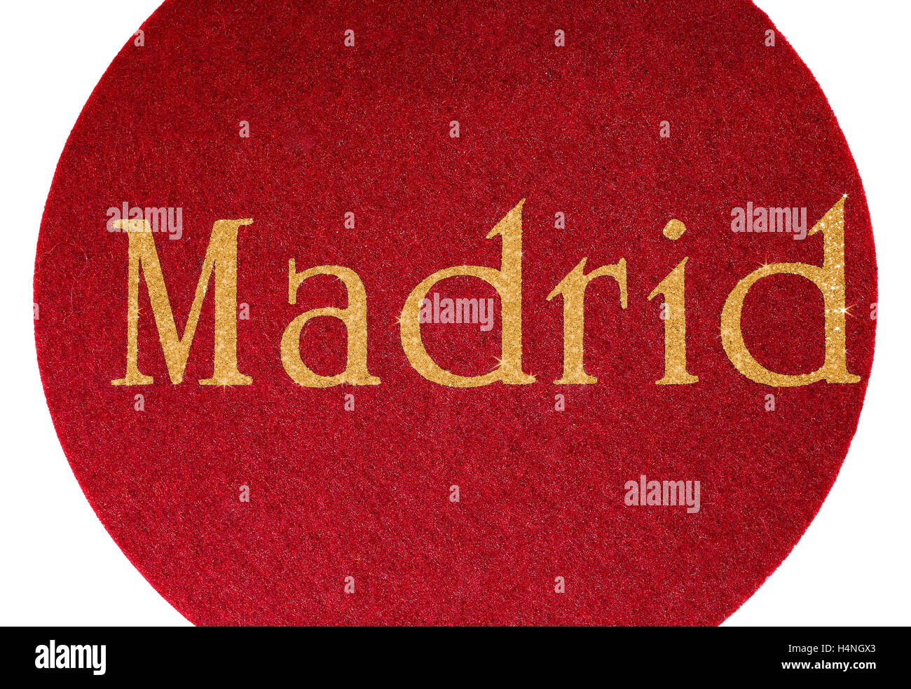 Madrid scritto di una città spagnola su tessuto di sfondo e caratteri in glitter luccicanti' Foto Stock