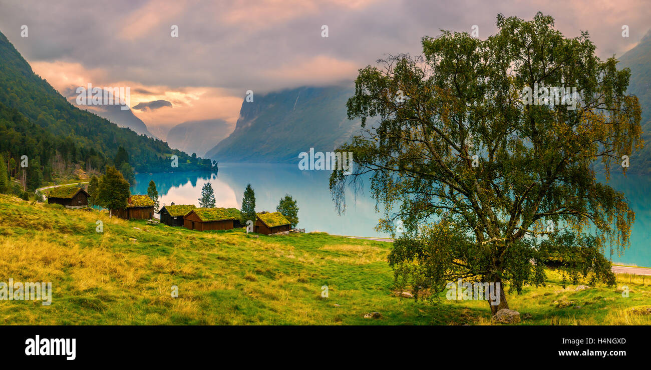 Antiche case coloniche a Lovatnet lago nella valle Lodalen, vicino al villaggio di Loen in Sogn og Fjordane county, Norvegia Foto Stock