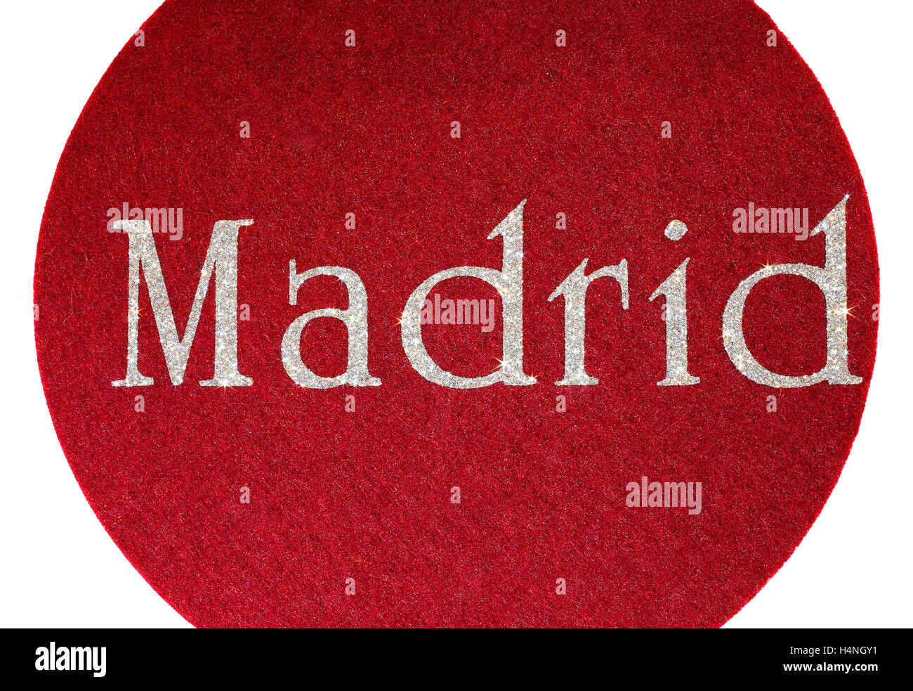 Madrid scritto di una città spagnola su tessuto di sfondo e caratteri in glitter luccicanti Foto Stock