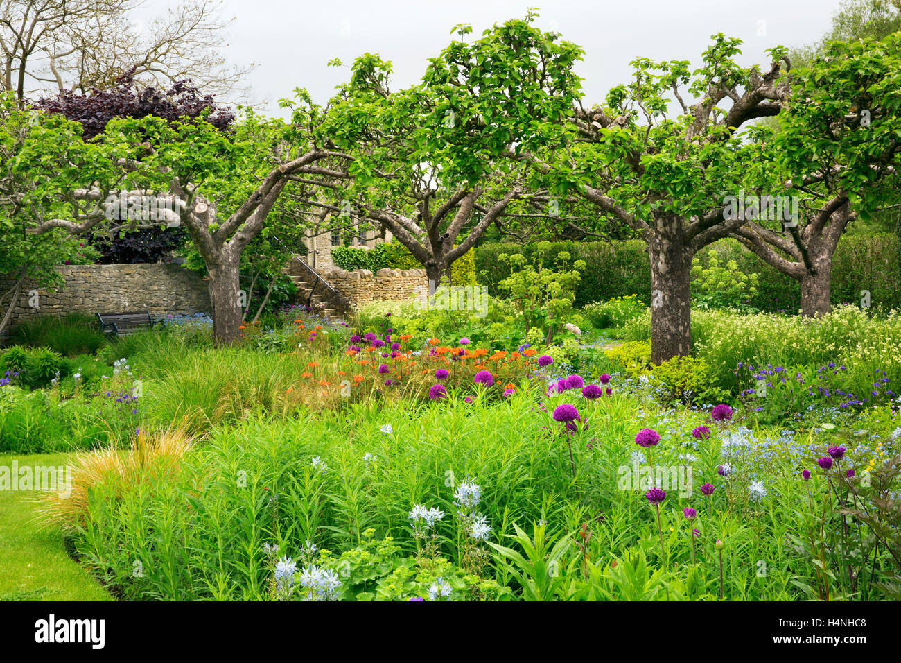 Vista su un giardino con aiuole fiorite e alberi in Oxfordshire. Foto Stock