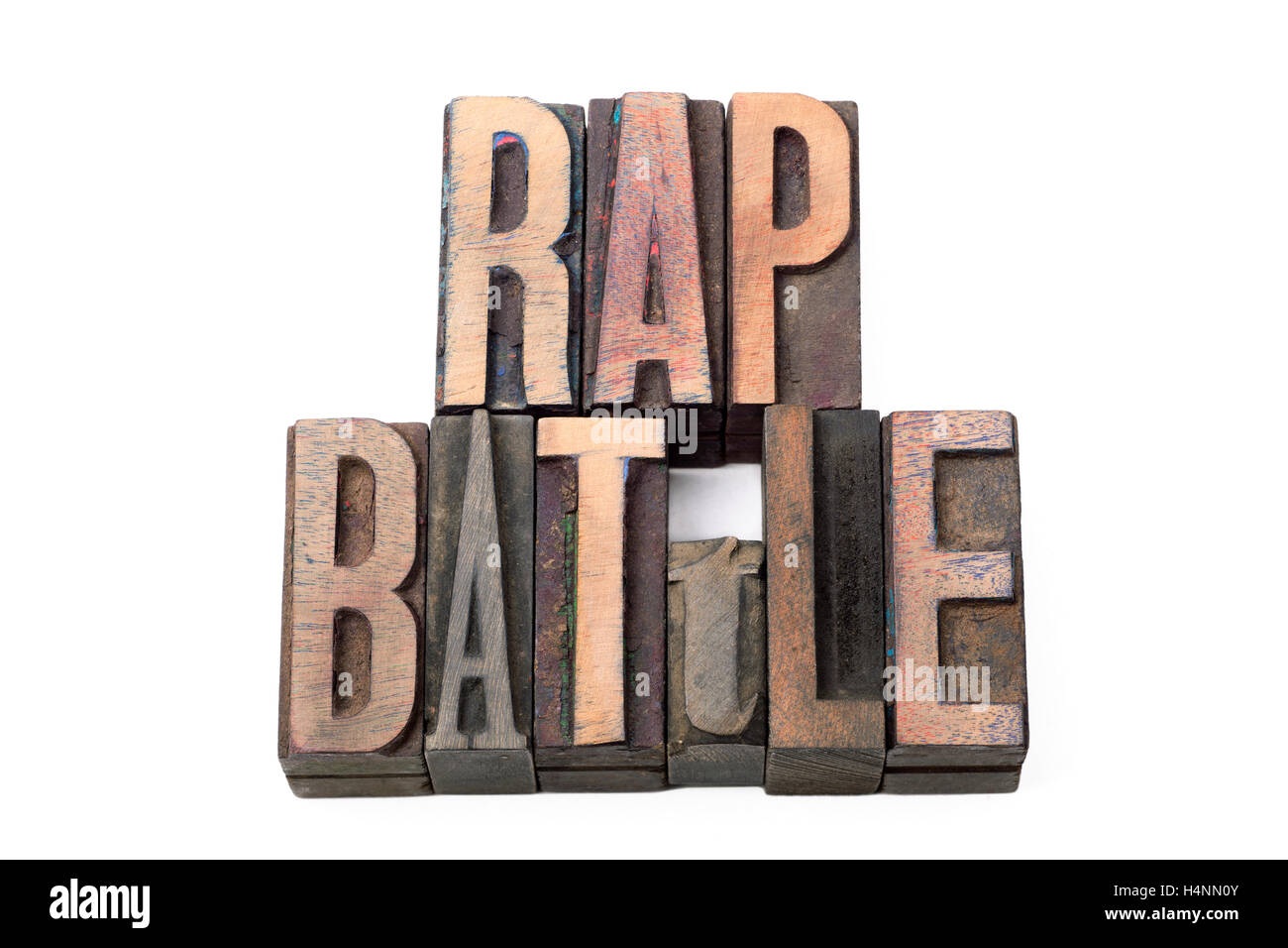 Battaglia rap frase composta da vintage in legno tipo di stampa in rilievo isolato su bianco Foto Stock