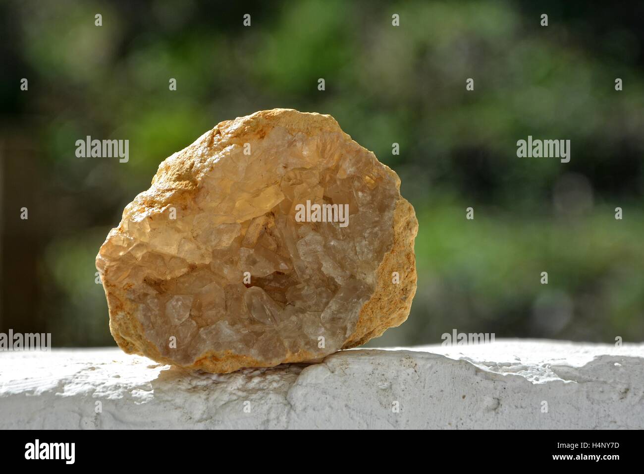 Minerali - Coelestin Druse pietra su un muro bianco con sfondo verde Foto Stock